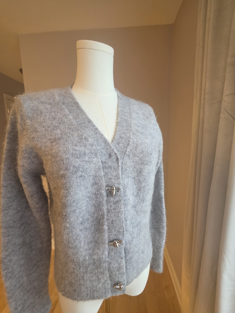 & Other Stories Women's Heather Gray V-Neck Fuzzy Cardigan with Bee Buttons